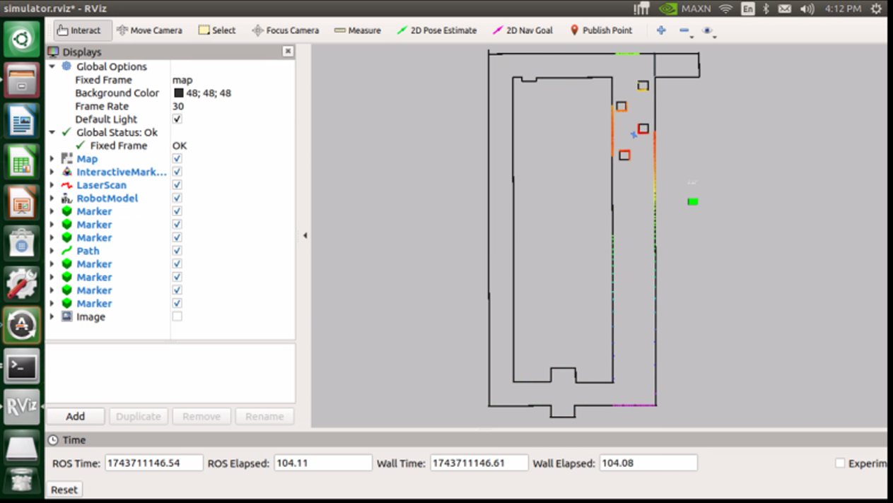 RViz window showing a LiDAR-generated hallway map with the vehicle's path