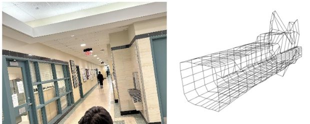 Photo of a hallway next to a 3D wireframe reconstruction of the same hallway