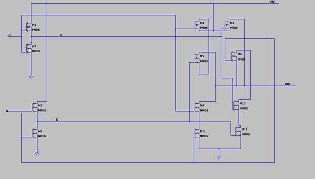 LTSpice schematic of a CMOS XOR gate built from NMOS and PMOS transistors