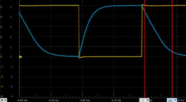 Oscilloscope capture showing a square input and the gate's output transition